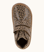 Top view of the Froddo natural leather kids barefoot shoe in leopard print showing the velcro straps fastened. Shoe has a wide toe box