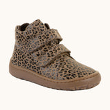 Froddo natural leather kids barefoot shoe in a leopard print with a padded ankle support, velcro straps, flexible rubber sole and zero drop profile