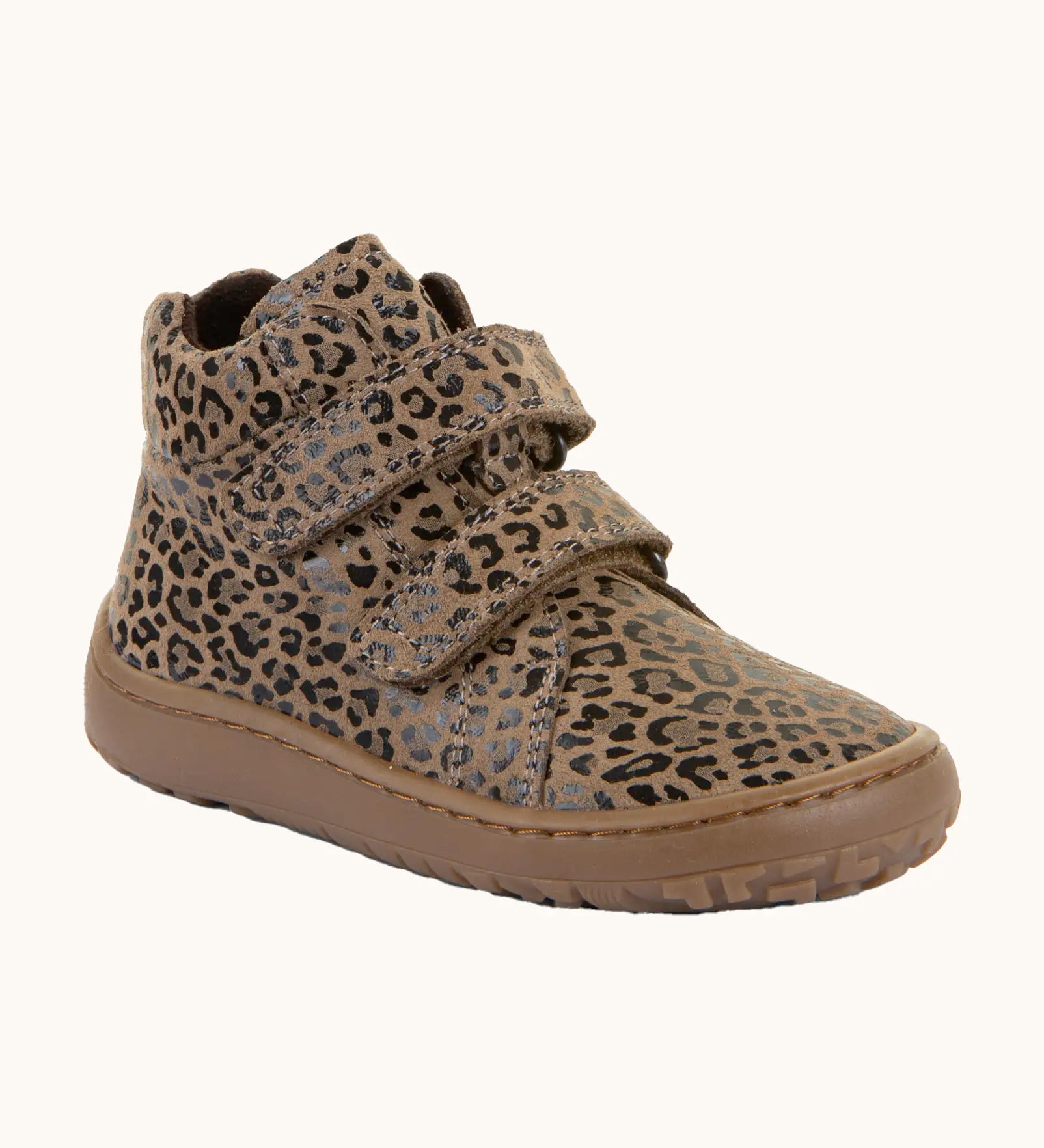 Froddo natural leather kids barefoot shoe in a leopard print with a padded ankle support, velcro straps, flexible rubber sole and zero drop profile
