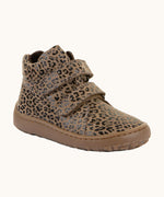 Froddo natural leather kids barefoot shoe in a leopard print with a padded ankle support, velcro straps, flexible rubber sole and zero drop profile