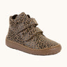 Froddo natural leather kids barefoot shoe in a leopard print with a padded ankle support, velcro straps, flexible rubber sole and zero drop profile