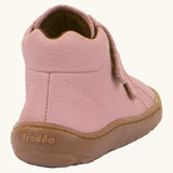 Back of Froddo natural leather kids barefoot shoe in pink showing the padded ankle support.