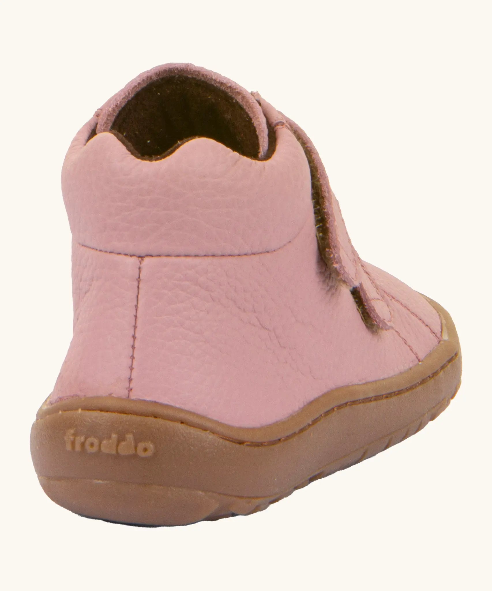 Back of Froddo natural leather kids barefoot shoe in pink showing the padded ankle support.
