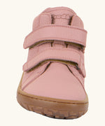 Front of the Froddo natural leather kids barefoot shoe in pink showing the velcro straps and flexible sole. Shoe has a wide toe box and zero drop profile
