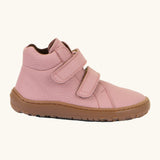 Side of Froddo's natural leather kids barefoot shoe in pink with a padded ankle support and flexible rubber sole. Shoe has a zero-drop profile