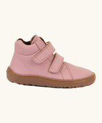 Side of Froddo's natural leather kids barefoot shoe in pink with a padded ankle support and flexible rubber sole. Shoe has a zero-drop profile