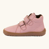 Side of Froddo natural leather kids barefoot shoe in pink showing the padded ankle support and velcro straps looped through the eyelets