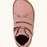 Top view of the Froddo natural leather kids barefoot shoe in pink showing the velcro straps fastened. Shoe has a wide toe box