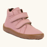 Froddo natural leather kids barefoot shoe in pink with a padded ankle support, velcro straps, flexible rubber sole and zero drop profile