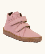 Froddo natural leather kids barefoot shoe in pink with a padded ankle support, velcro straps, flexible rubber sole and zero drop profile
