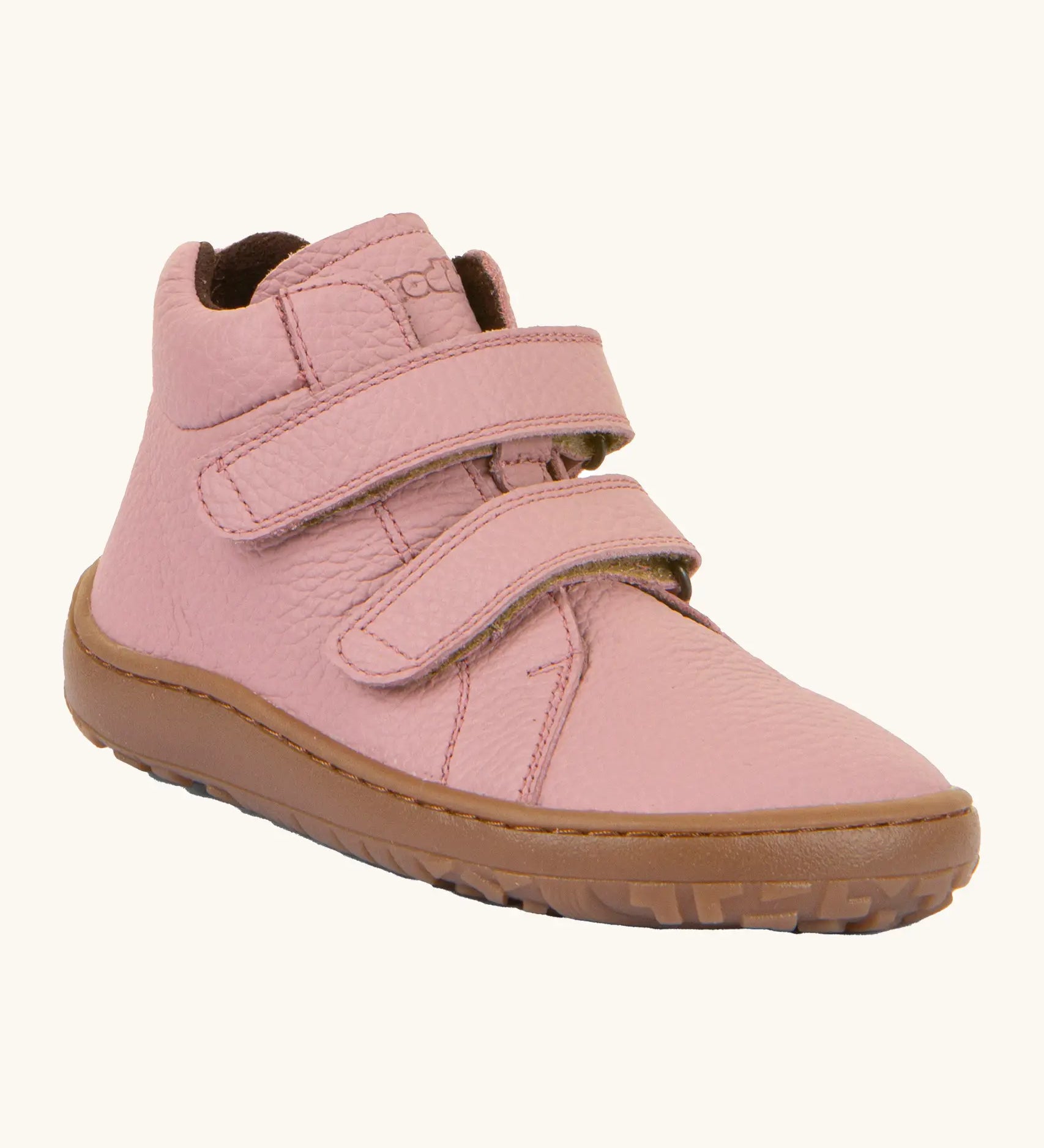 Froddo natural leather kids barefoot shoe in pink with a padded ankle support, velcro straps, flexible rubber sole and zero drop profile