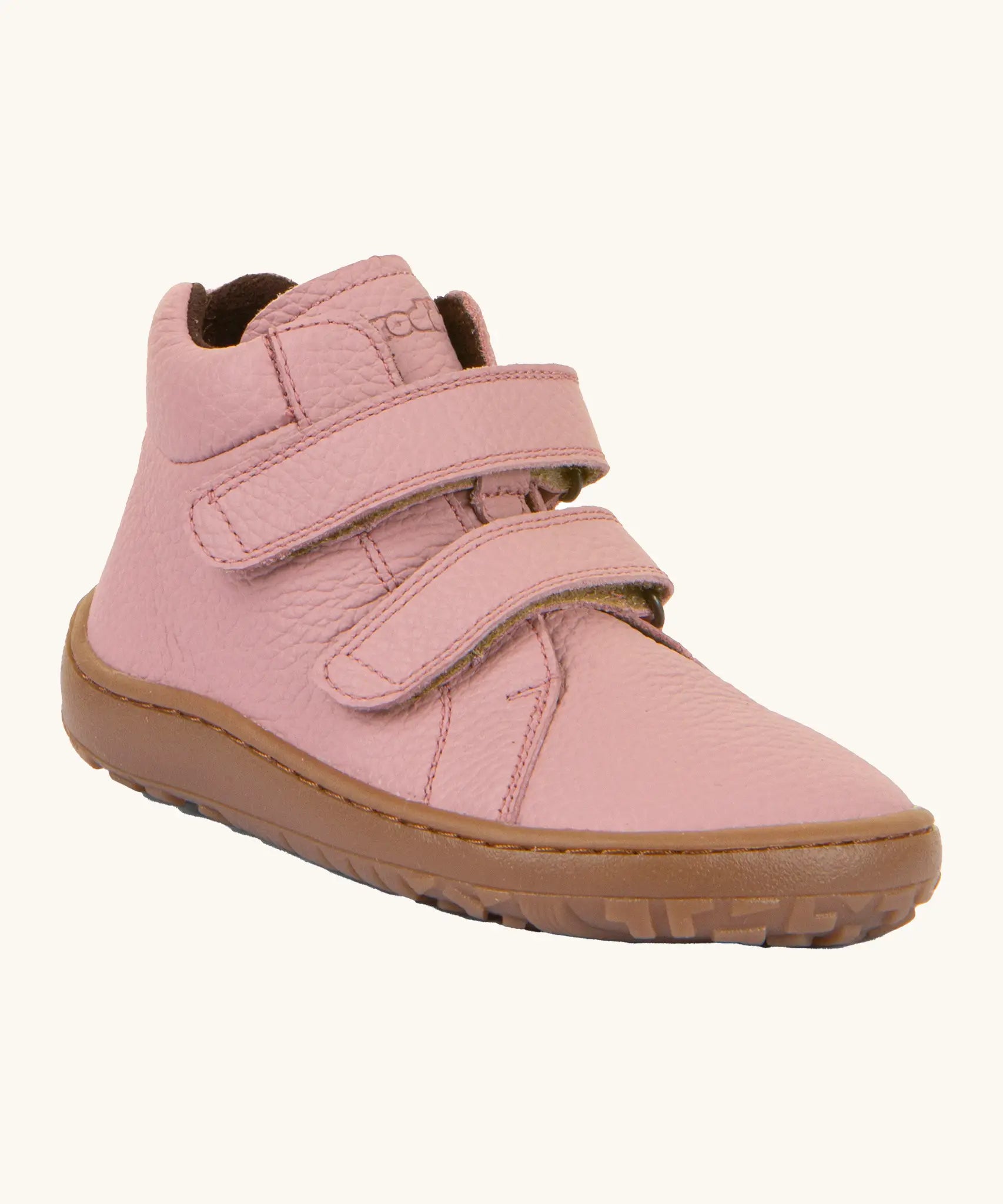 Froddo natural leather kids barefoot shoe in pink with a padded ankle support, velcro straps, flexible rubber sole and zero drop profile