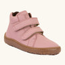 Froddo natural leather kids barefoot shoe in pink with a padded ankle support, velcro straps, flexible rubber sole and zero drop profile