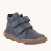 Froddo barefoot Autumn children's shoe in navy available at Babipur. A natural leather shoe with a 2 velcro fastener for a secure fit, padded ankle and a dark brown grippy sole