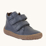 Froddo barefoot Autumn children's shoe in navy available at Babipur. A natural leather shoe with a 2 velcro fastener for a secure fit, padded ankle and a dark brown grippy sole