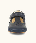 Froddo barefoot pre walker baby shoe in dark blue. A natural leather shoe with a velcro t bar strap and flower cut out pattern on front