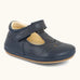 Froddo barefoot pre walker baby shoe in dark blue. A natural leather shoe with a velcro t bar strap