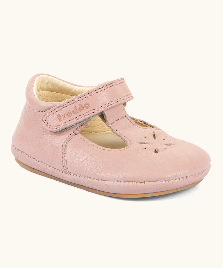 Froddo barefoot walker baby shoe in pink A natural leather shoe with a velcro t bar strap and rubber sole