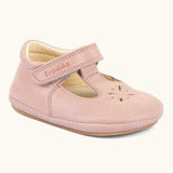 Froddo barefoot walker baby shoe in pink A natural leather shoe with a velcro t bar strap and rubber sole