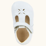 Froddo barefoot baby pre walker shoe in white. A natural leather shoe with a velcro t bar strap and flower cut out on front