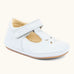 Froddo barefoot pre walker baby shoe in white. A natural leather shoe with a velcro t bar strap