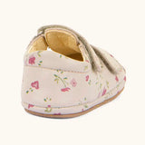 Back of Froddo natural leather barefoot baby pre walker sandal shoe in pink with flowers showing padded ankle 