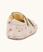 Back of Froddo natural leather barefoot baby pre walker sandal shoe in pink with flowers showing padded ankle 