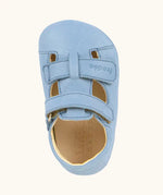 Top down view ofFroddo natural leather barefoot baby pre walker sandal shoe in light blue showing 2 front velcro straps 