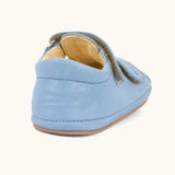 Back of Froddo natural leather barefoot baby pre walker sandal shoe in light blue showing padded ankle 