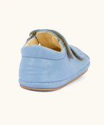 Back of Froddo natural leather barefoot baby pre walker sandal shoe in light blue showing padded ankle 