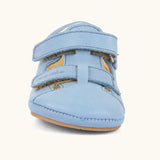 Froddo natural leather barefoot baby pre walker sandal shoe in light blue showing 2 front velcro straps fasteners