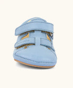 Froddo natural leather barefoot baby pre walker sandal shoe in light blue showing 2 front velcro straps fasteners