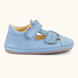 Side of Froddo natural leather barefoot baby pre walker sandal shoe in light blue showing 2 front velcro straps 