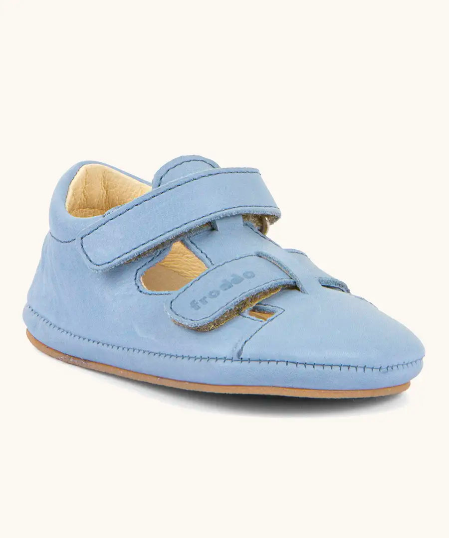 Froddo natural leather barefoot baby pre walker sandal shoe in light blue showing 2 front velcro straps and rubber sole