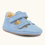 Froddo natural leather barefoot baby pre walker sandal shoe in light blue showing 2 front velcro straps and rubber sole