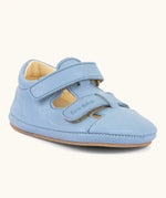 Froddo natural leather barefoot baby pre walker sandal shoe in light blue showing 2 front velcro straps and rubber sole