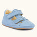 Froddo natural leather barefoot baby pre walker sandal shoe in light blue showing 2 front velcro straps and rubber sole