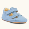 Froddo natural leather barefoot baby pre walker sandal shoe in light blue showing 2 front velcro straps and rubber sole