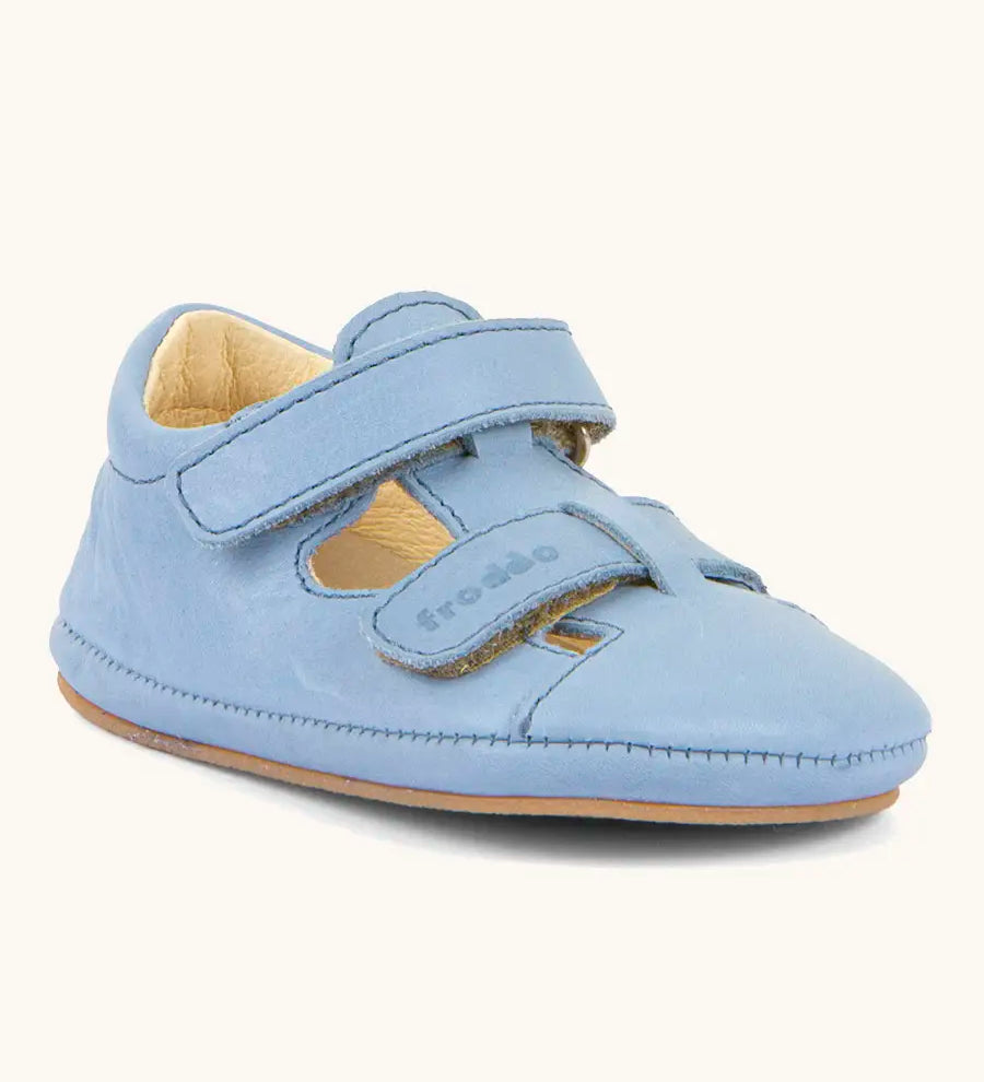 Froddo natural leather barefoot baby pre walker sandal shoe in light blue showing 2 front velcro straps and rubber sole