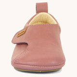 The front of the Froddo barefoot walker baby shoe in dark pink. Showing the velcro strap fastener for a secure fit