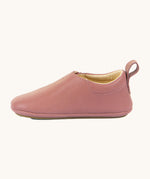 A side image of the Froddo barefoot walker baby shoe in dark pink available at Babipur. Showing the pull tab and padded ankle support detail