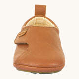 The front of the Froddo Barefoot Baby Pre-Walker soft leather Shoes in tan available at Babipur showing the velcro strap detail