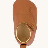 A top down image of the Froddo Barefoot Baby Pre-Walker soft leather Shoes in tan available at Babipur showing the velcro strap and inner sole detail.