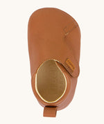 A top down image of the Froddo Barefoot Baby Pre-Walker soft leather Shoes in tan available at Babipur showing the velcro strap and inner sole detail.