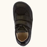 Top view of Froddo barefoot base children's shoe in black showing the velcro strap fastener and insole detail