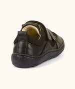 Back of Froddo barefoot low profile children's shoe in black showing 2 padded ankle support and black grip sole