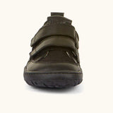 Front of the Froddo barefoot base children's shoe in black showing the 2 velcro fasteners and the black grippy sole