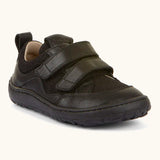 Froddo barefoot low profile children's shoe in black showing 2 velcro fasteners, pull tab on the back and a grippy sole