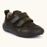 Froddo barefoot low profile children's shoe in black showing 2 velcro fasteners, pull tab on the back and a grippy sole