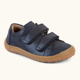 Froddo natural leather barefoot base children's shoe in blue, showing 2 velcro fasteners and a grippy sole. Shoe has a low profile